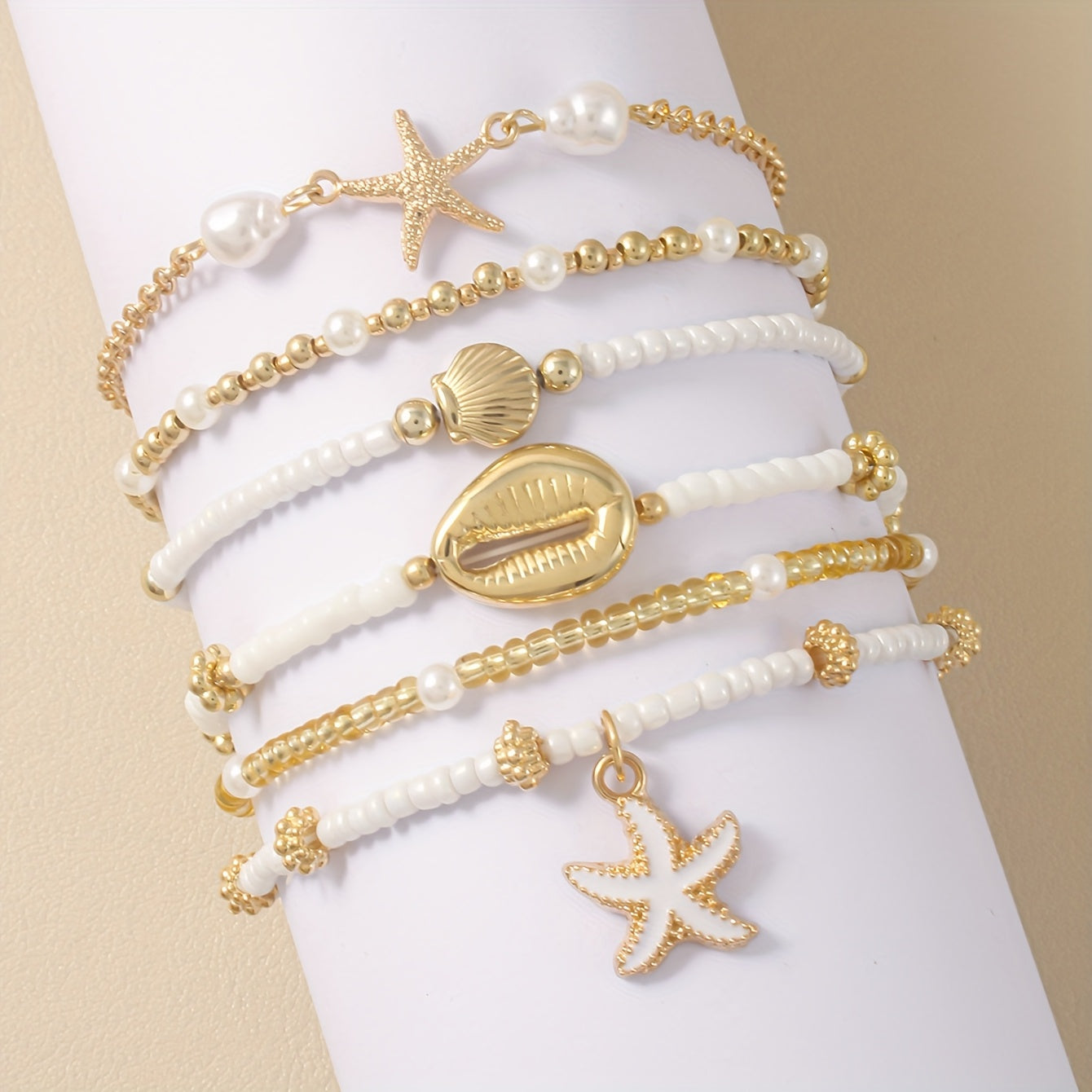 Boho Gold-Tone Beach Bracelets with Shell Charms