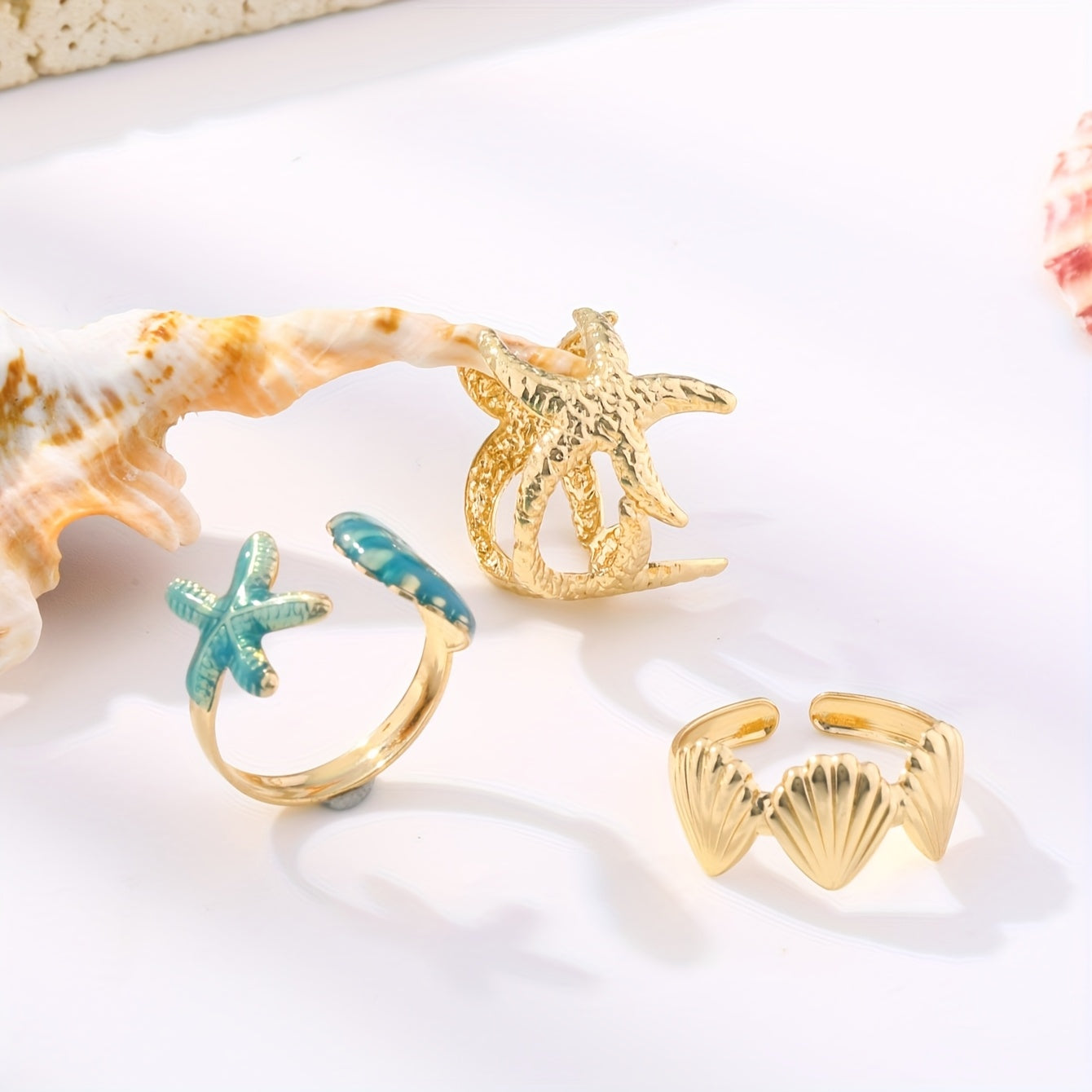 Gold-Tone Stackable Ocean Ring Set with Enamel