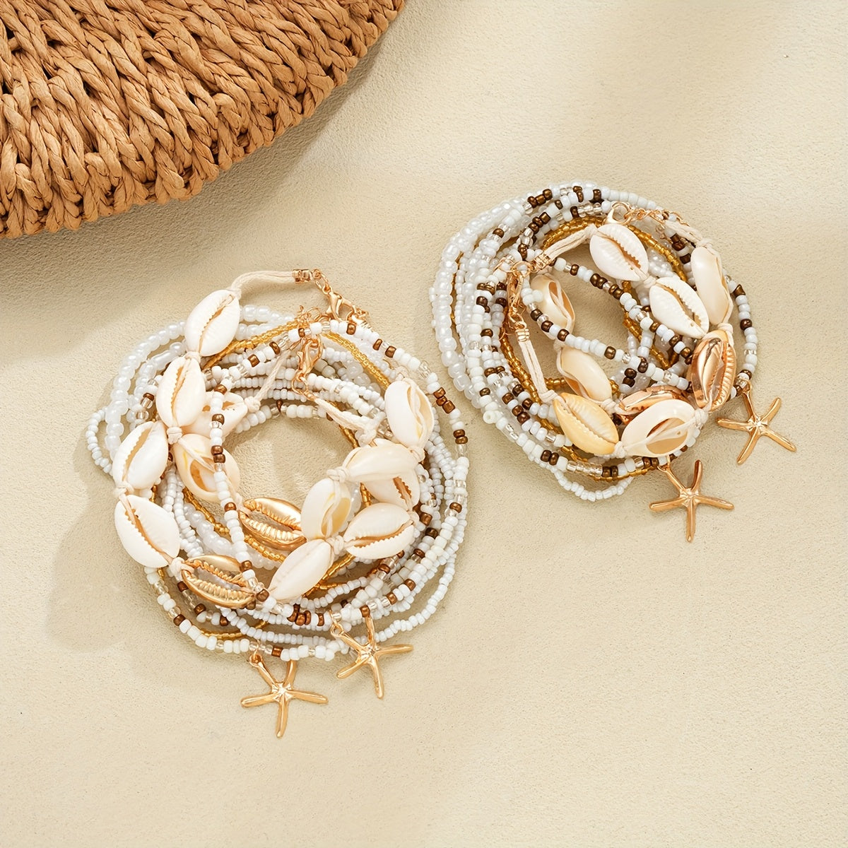 Beachy Cowrie Shell & Starfish Anklet Bracelet Set