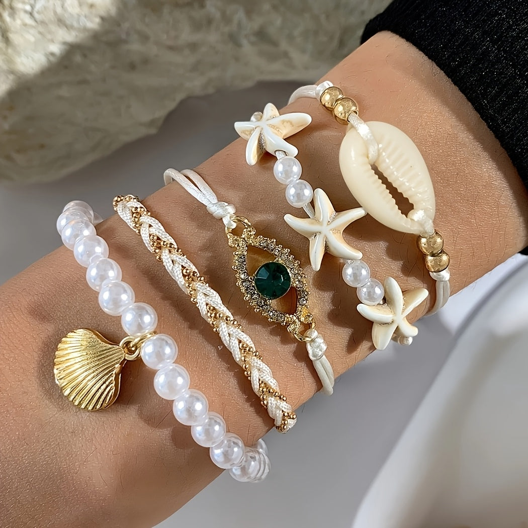 Beachy Stackable Bracelets with Pearls, Shells, Starfish