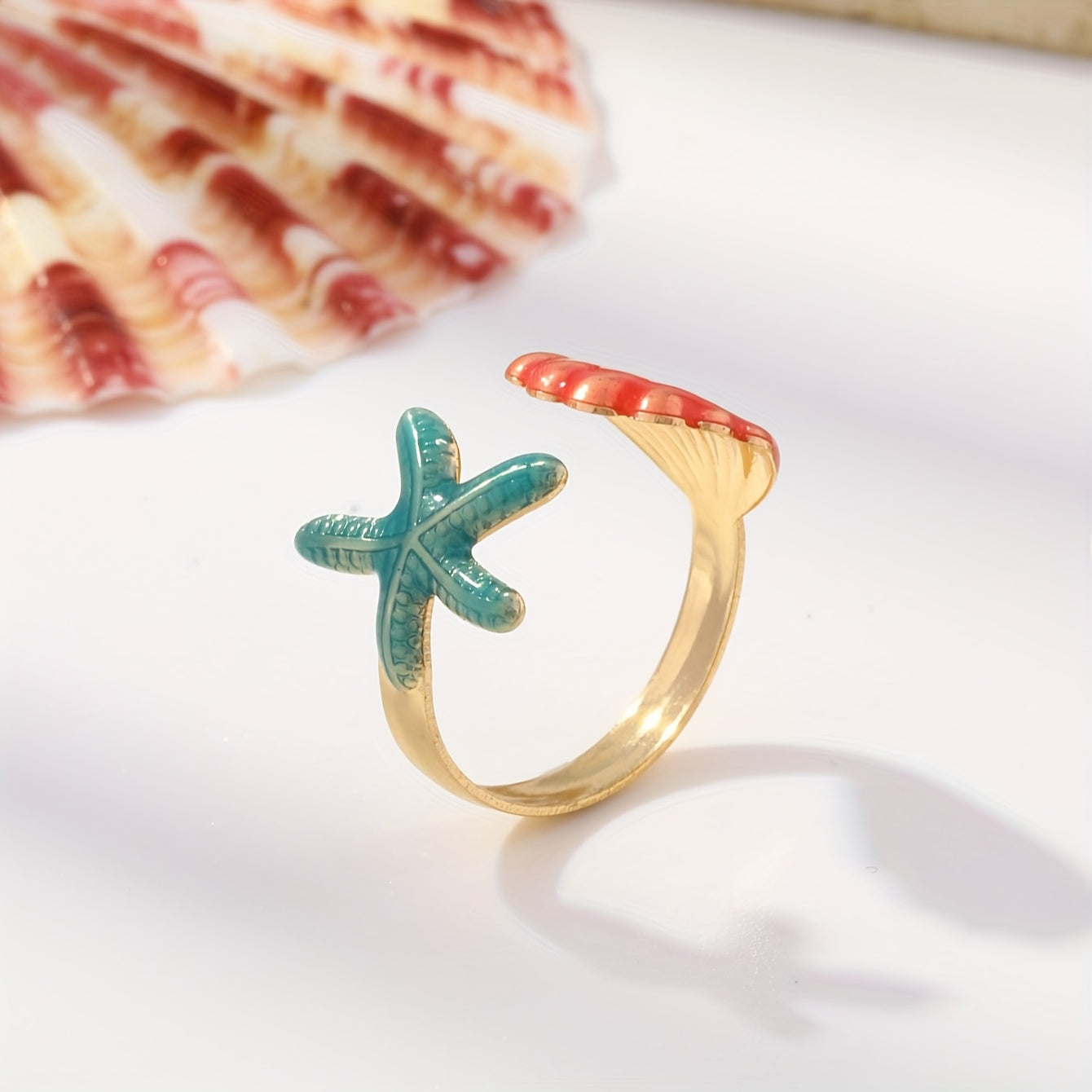 Enamel Starfish and Shell Adjustable Ring