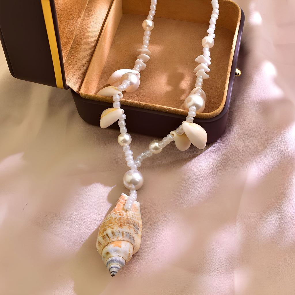 Bohemian Pearl and Shell Necklace with Conch Pendant