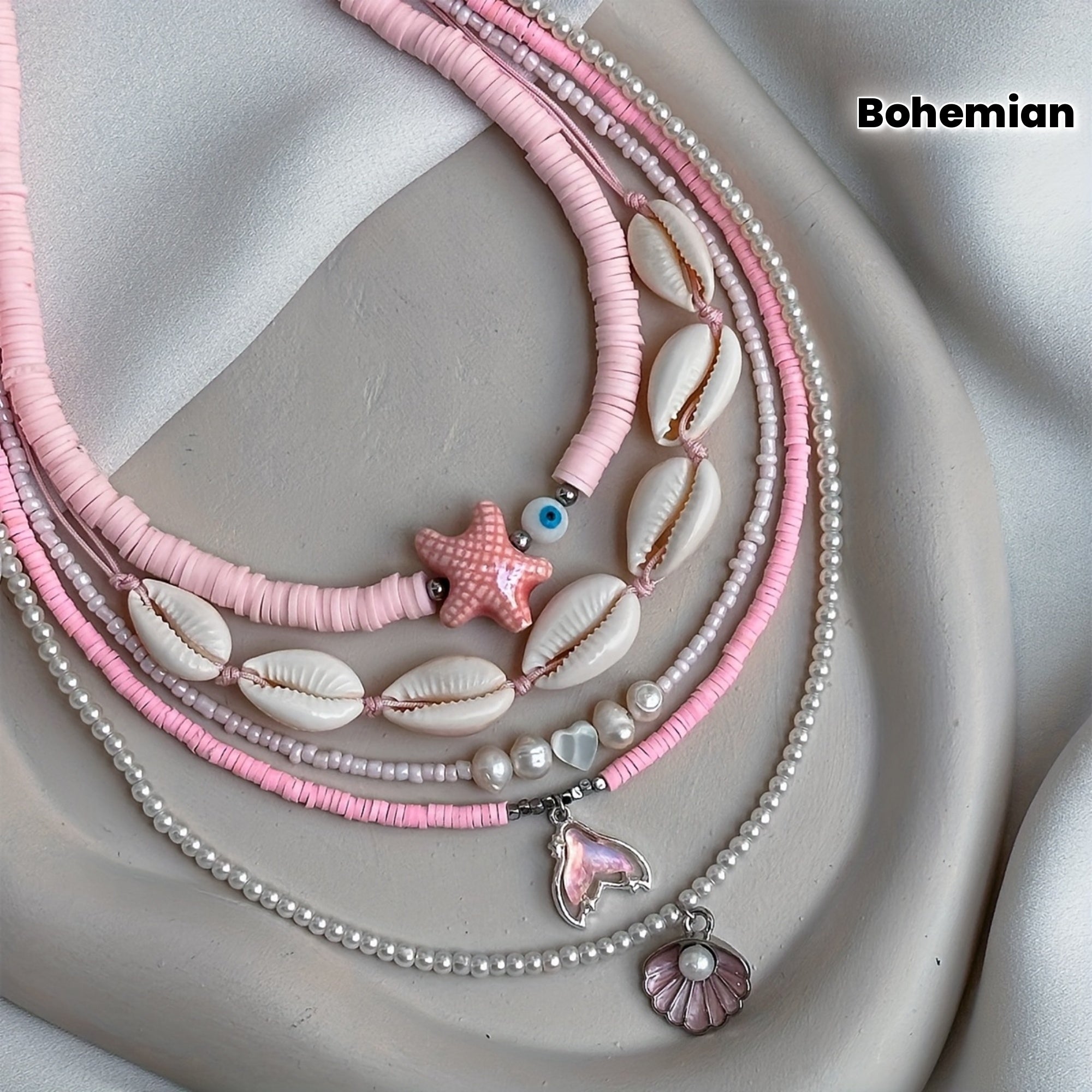 Bohemian Pink Layered Necklaces with Cowrie Shells & Starfish