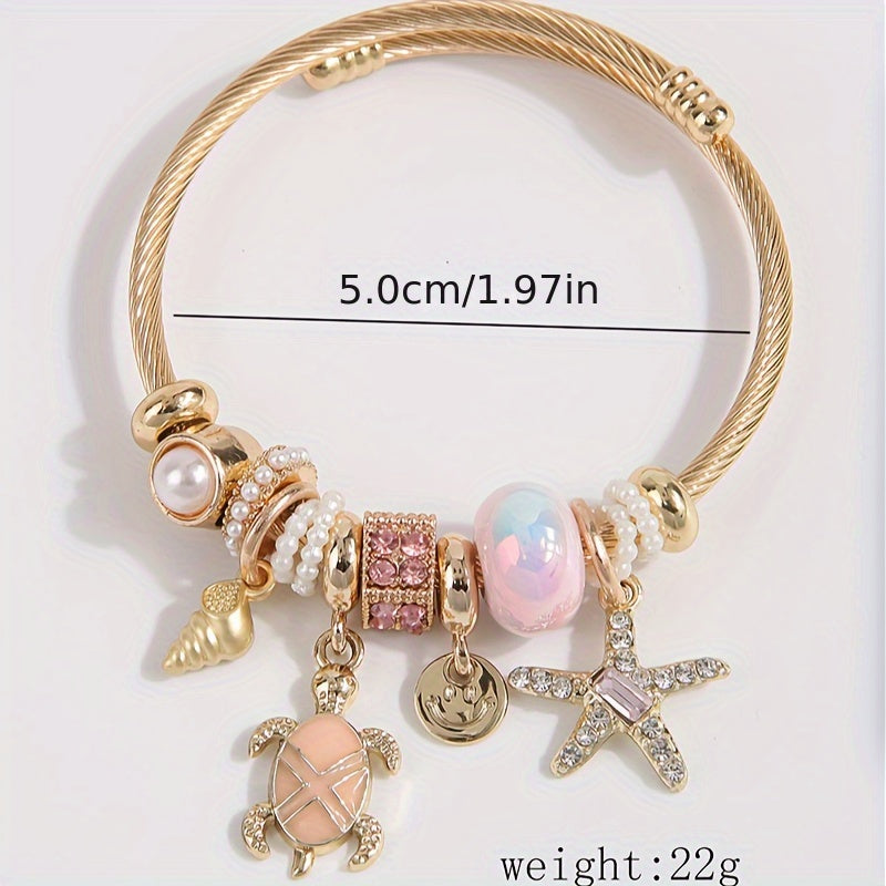 Gold-Tone Sea Charm Bangle Bracelet with Pearls