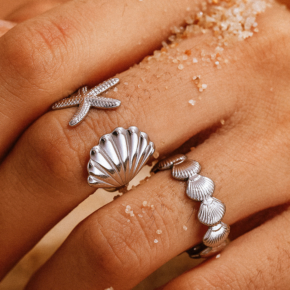 Gold Adjustable Starfish and Shell Ring Set