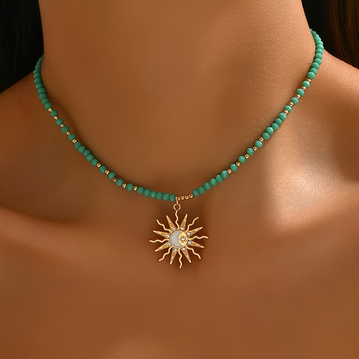 Turquoise Beaded Choker with Celestial Sun Moon Pendant