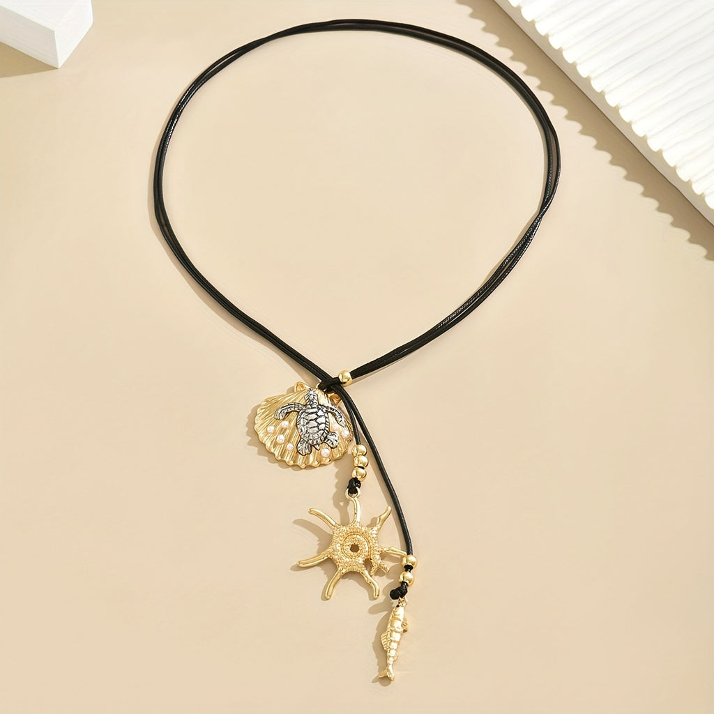 Adjustable Black Cord Lariat Necklace with Gold Ocean Charms