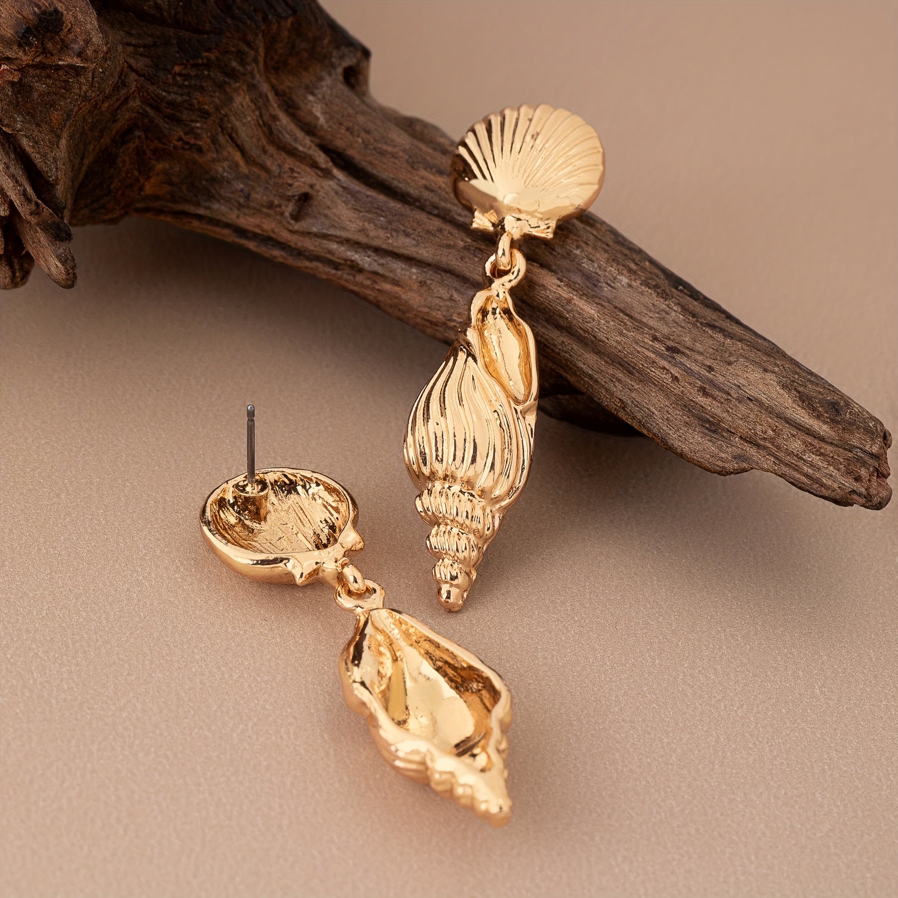 Gold Tone Scallop & Conch Drop Earrings