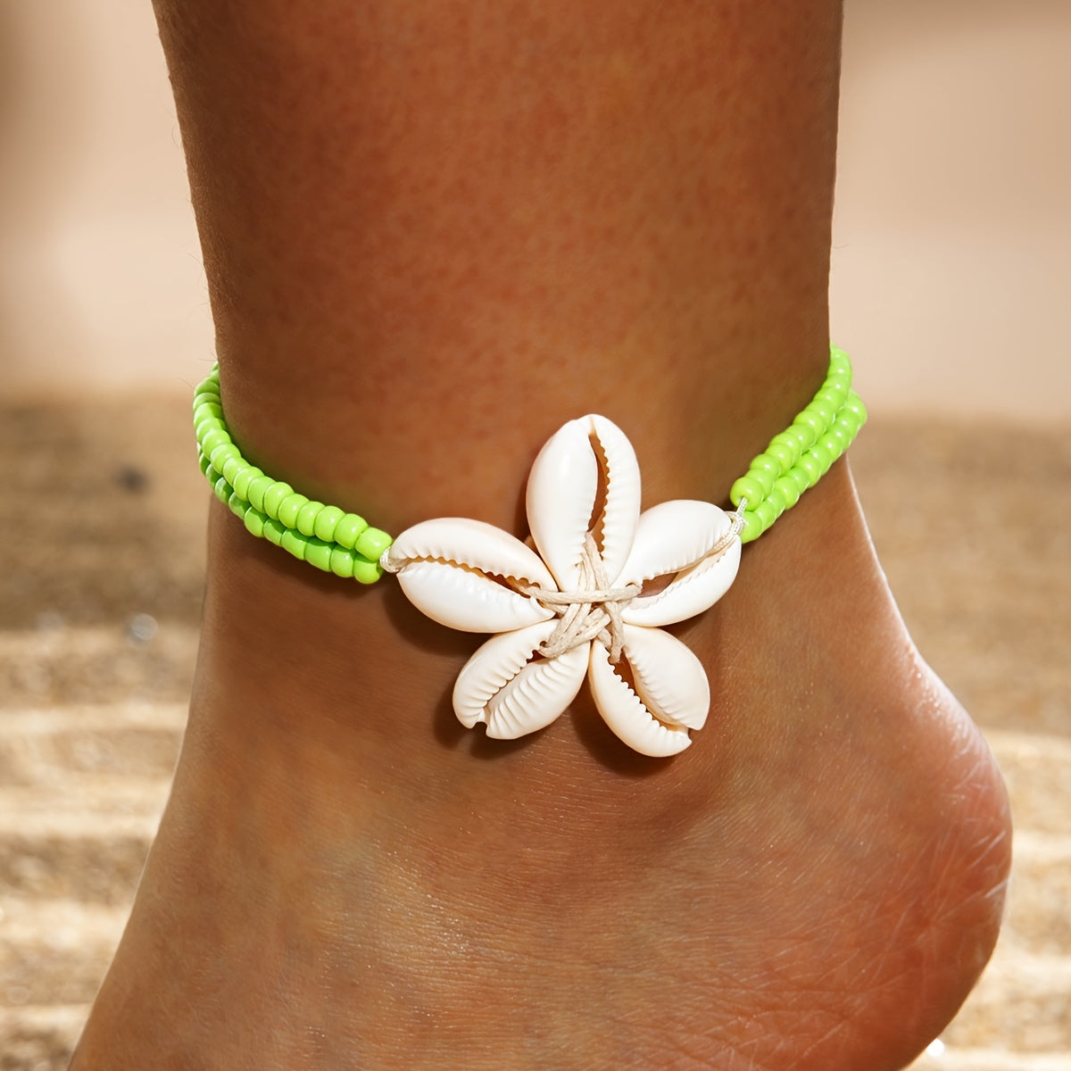 Bohemian Black Bead Anklet with Cowrie Shell Flower