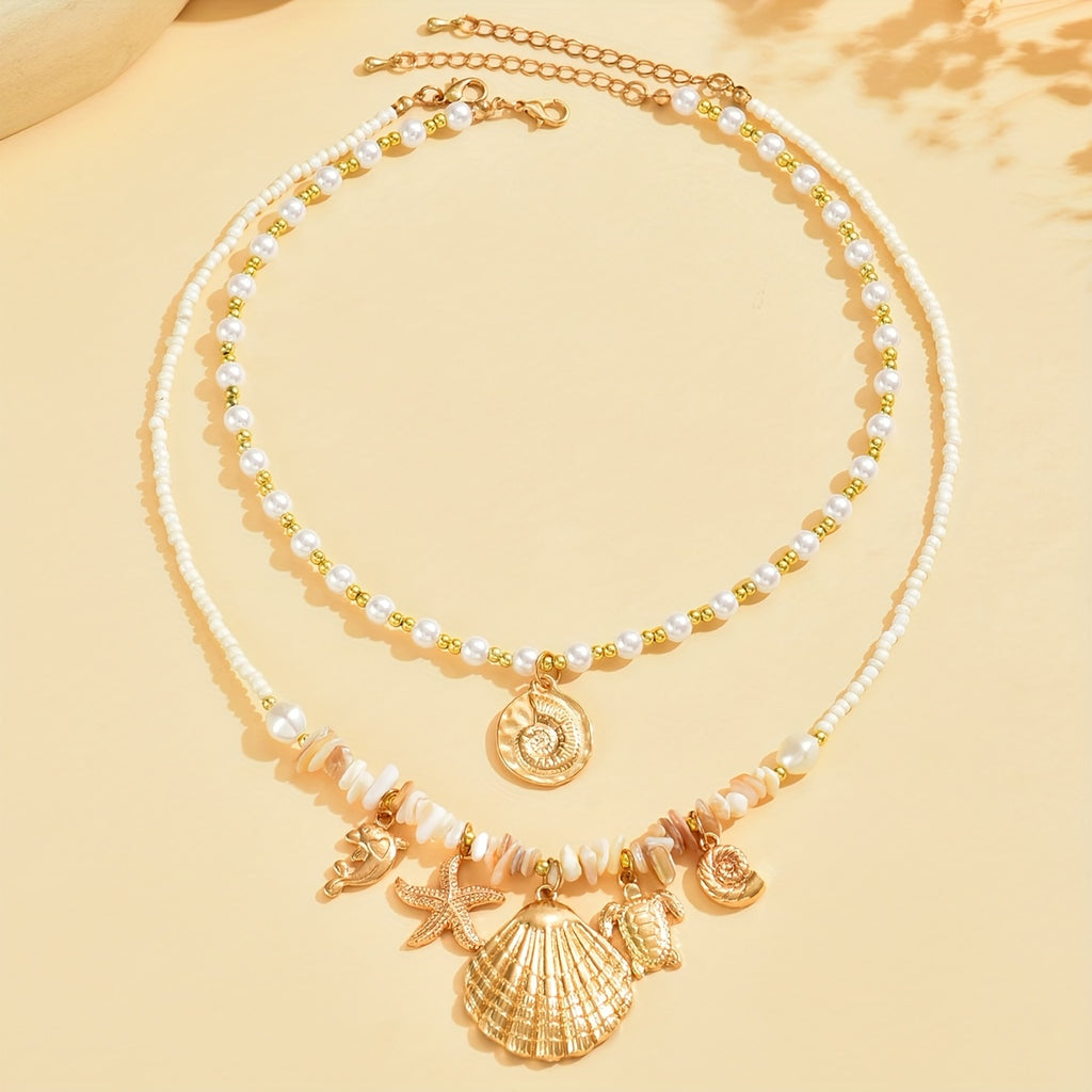 Bohemian Gold Shell Charm Pearl Layered Necklace