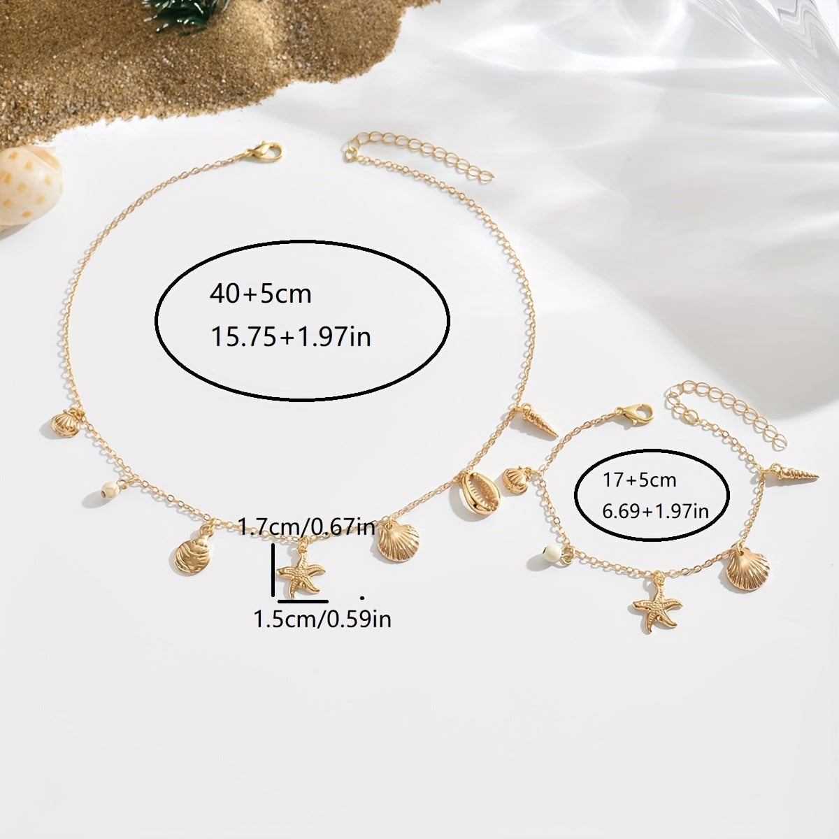 Bohemian Gold-Tone Sea Shell Charm Necklace and Bracelet