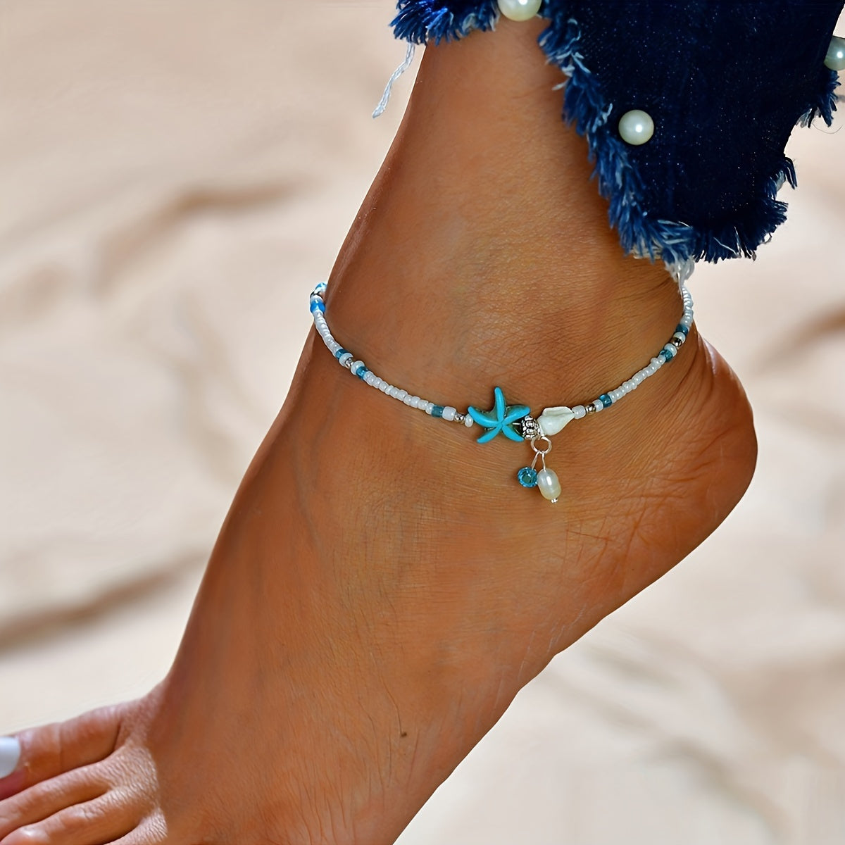 Beach Anklet with Turquoise Starfish and Pearl