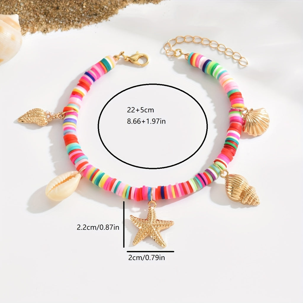 Bohemian Heishi Anklet with Shell and Starfish Charms