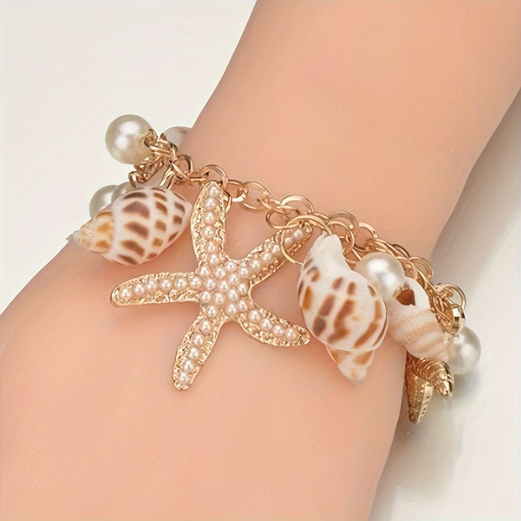 Gold-Tone Seashell, Starfish & Pearl Charm Bracelet