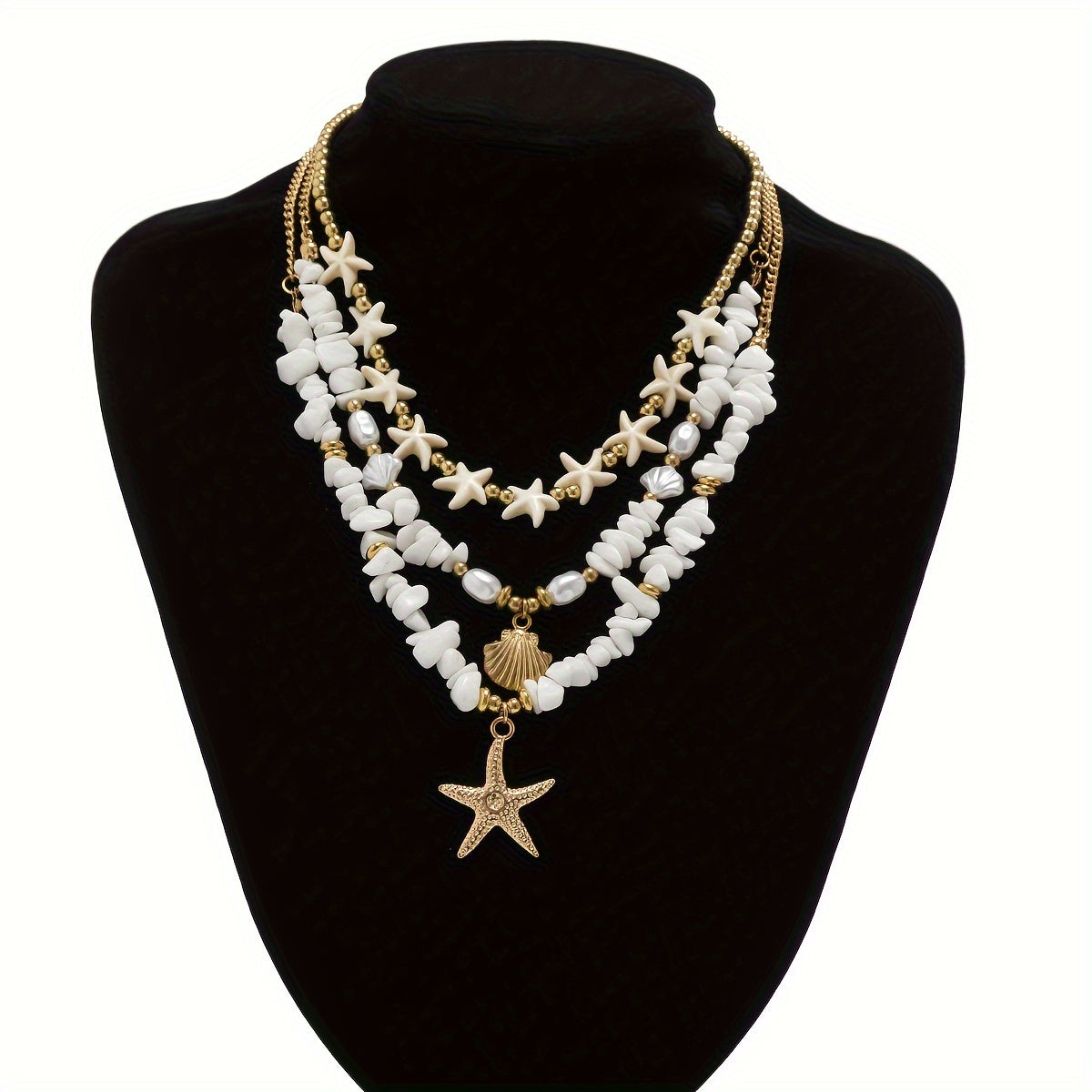 Layered White Shell & Gold Starfish Necklace