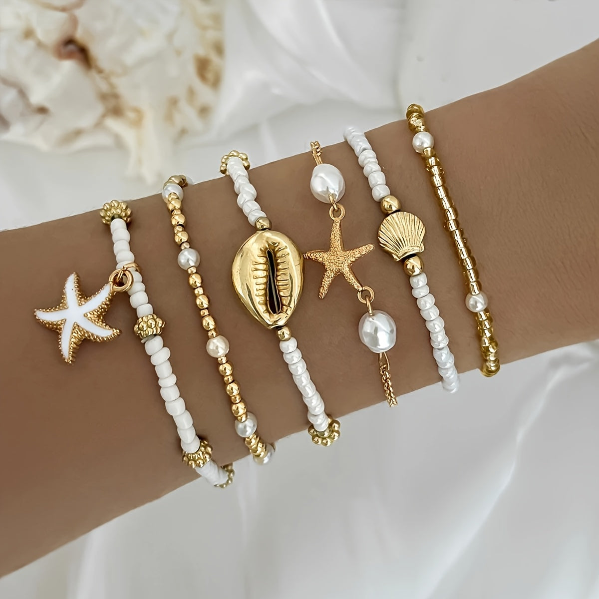 Bohemian Gold & White Beaded Seashell Bracelet Set
