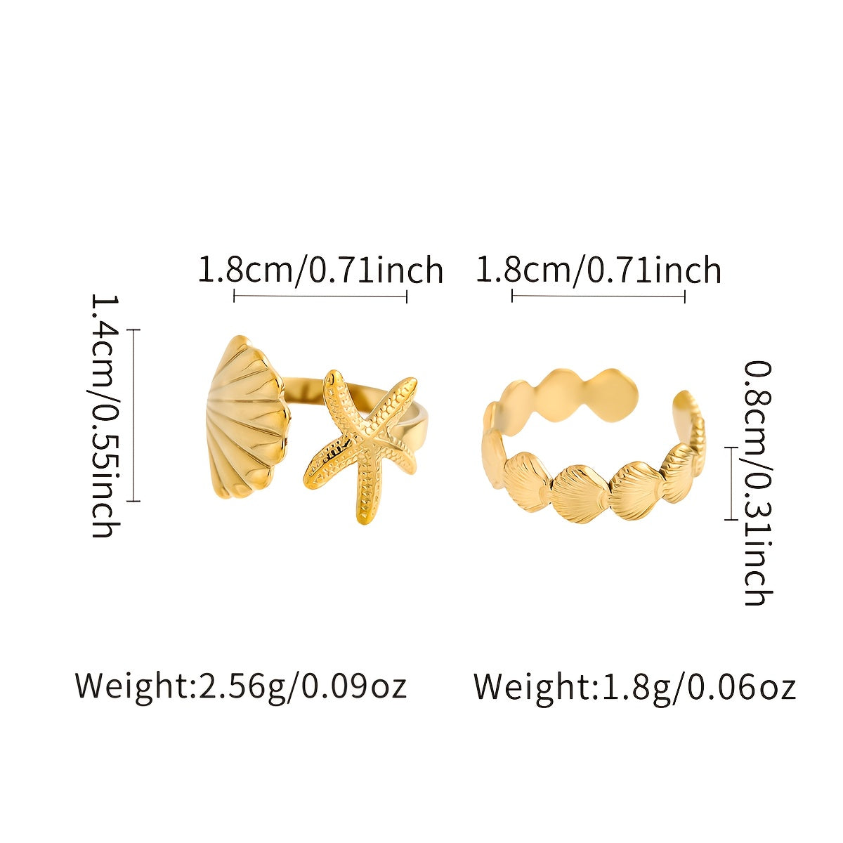 Gold Adjustable Starfish and Shell Ring Set