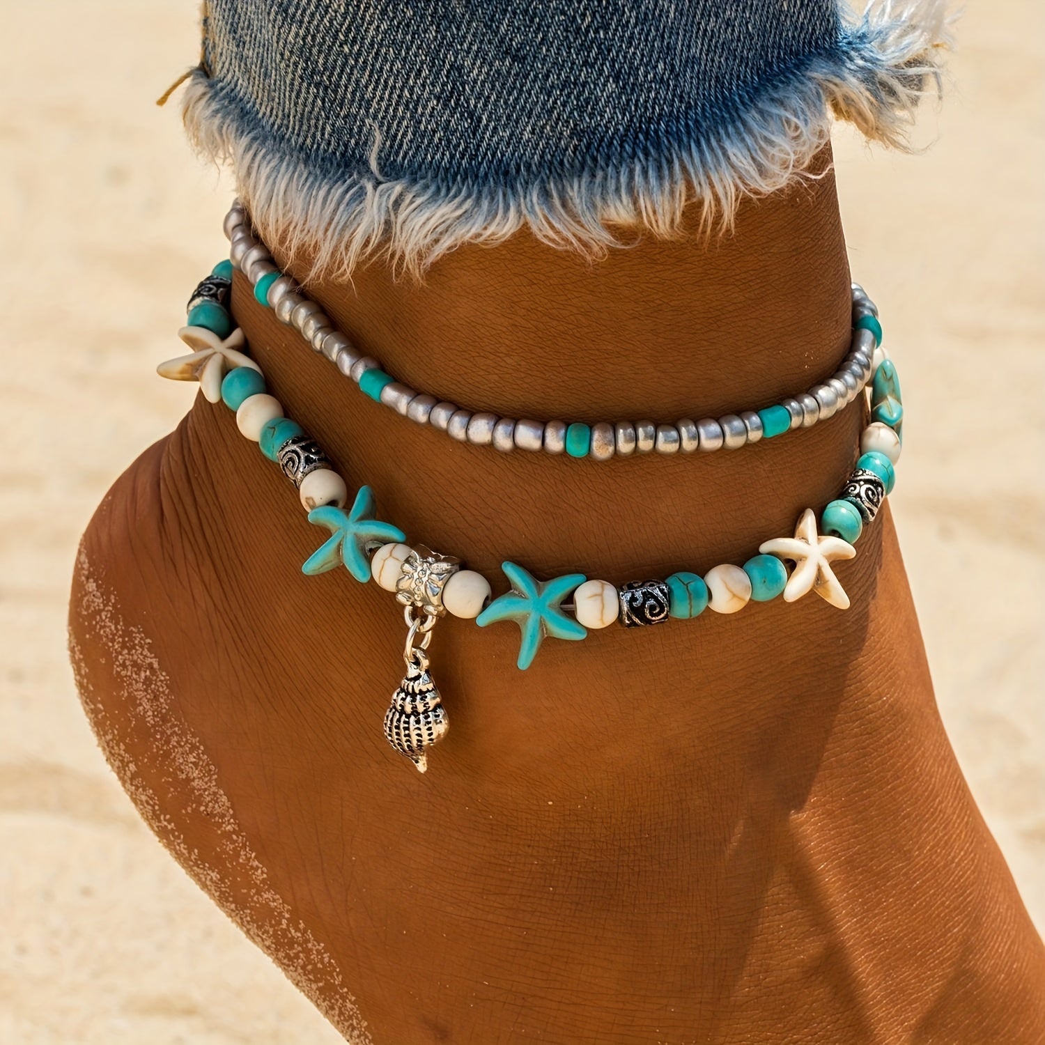Bohemian Turquoise Starfish Shell Anklet