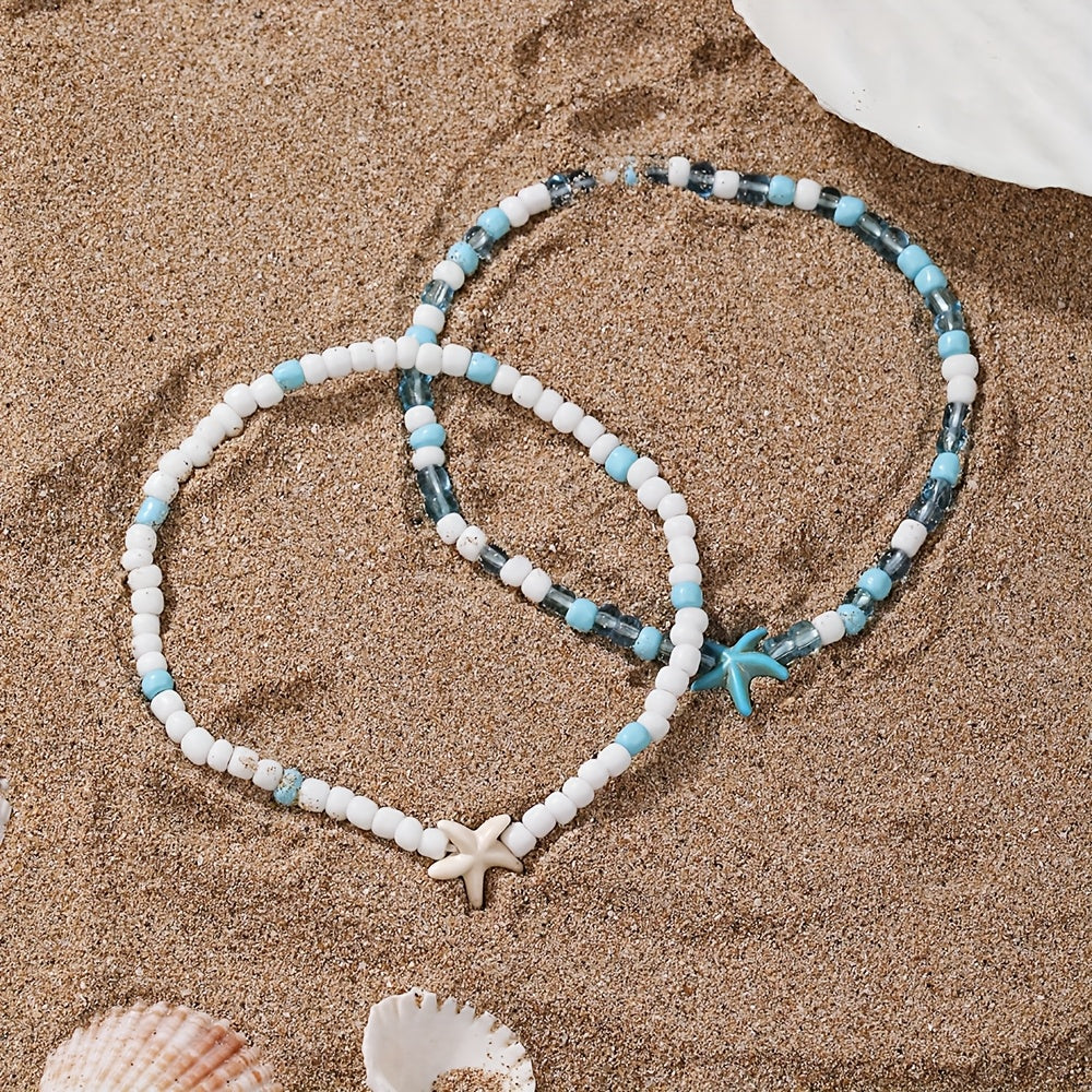 Bohemian Beaded Starfish Anklet, Blue & White