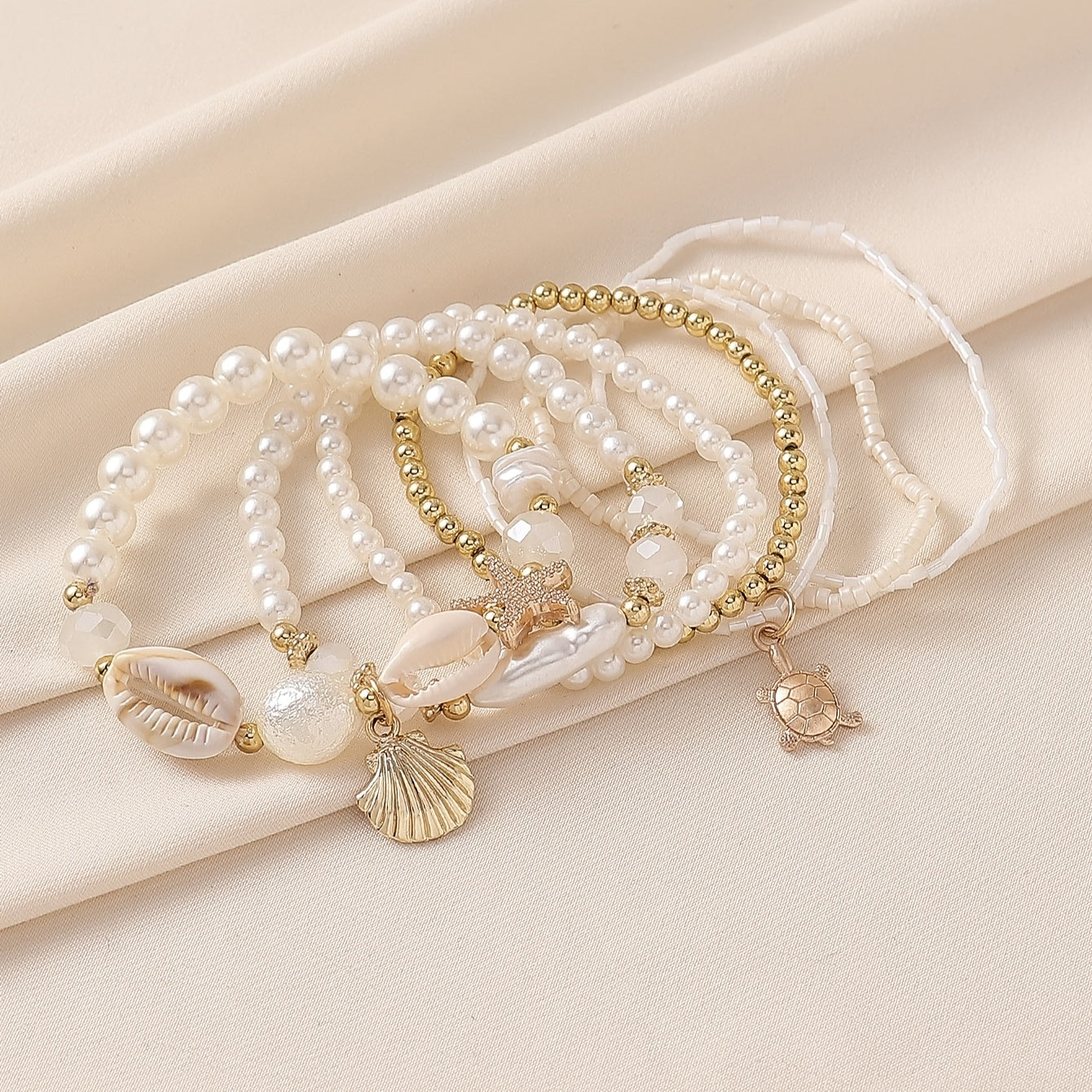 Boho White Pearl & Gold Sea Charm Stacked Bracelets
