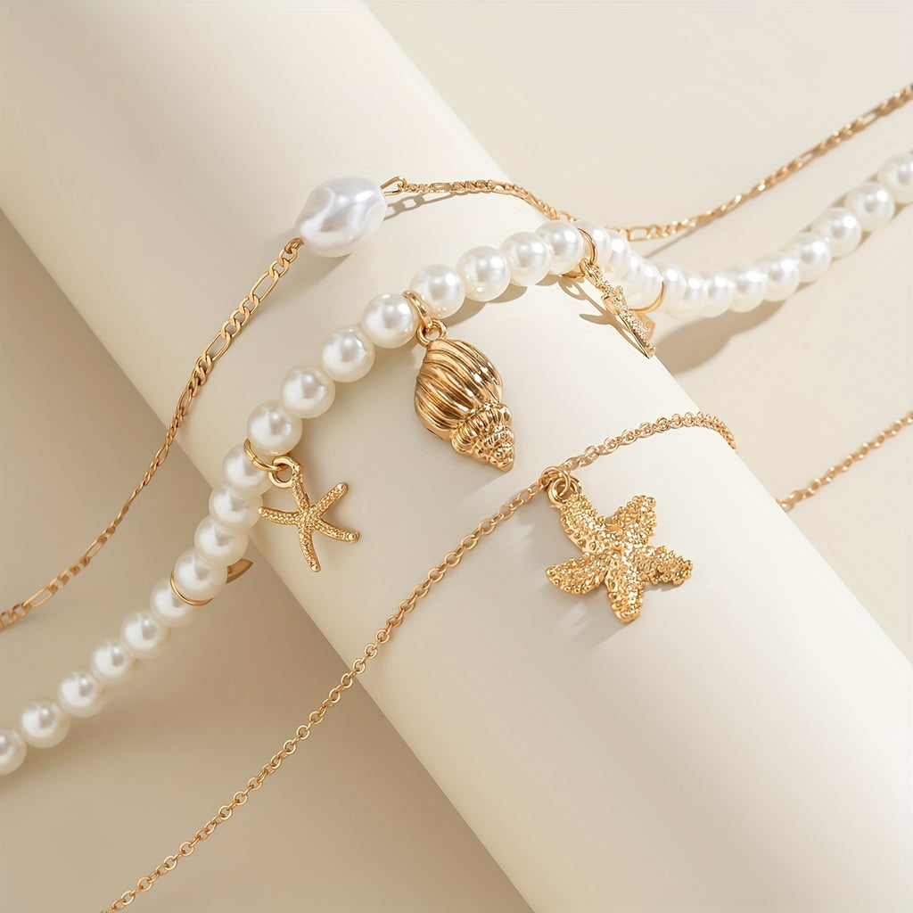 Bohemian Layered Pearl Necklace with Starfish & Shells