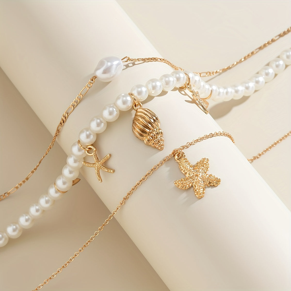 Bohemian Layered Pearl Necklace with Starfish & Shells