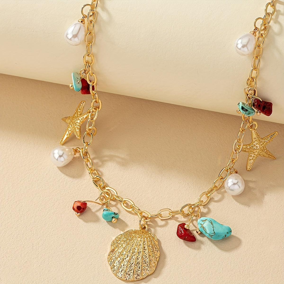 Gold-Tone Seashell Starfish Necklace with Colorful Beads
