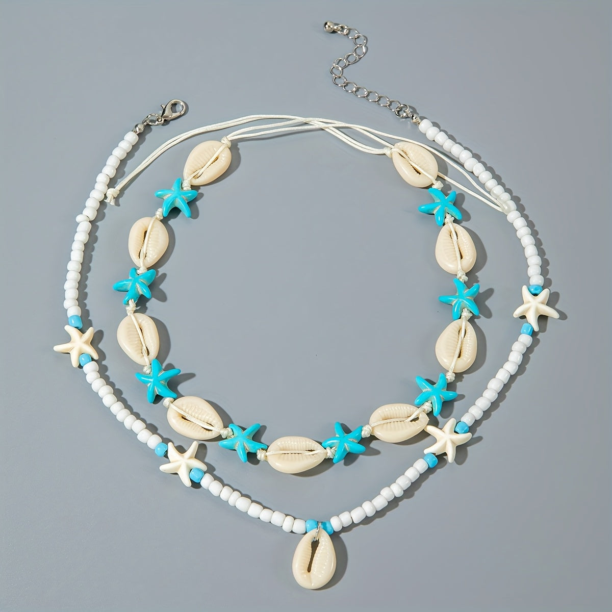 White Shell and Turquoise Starfish Layered Necklace