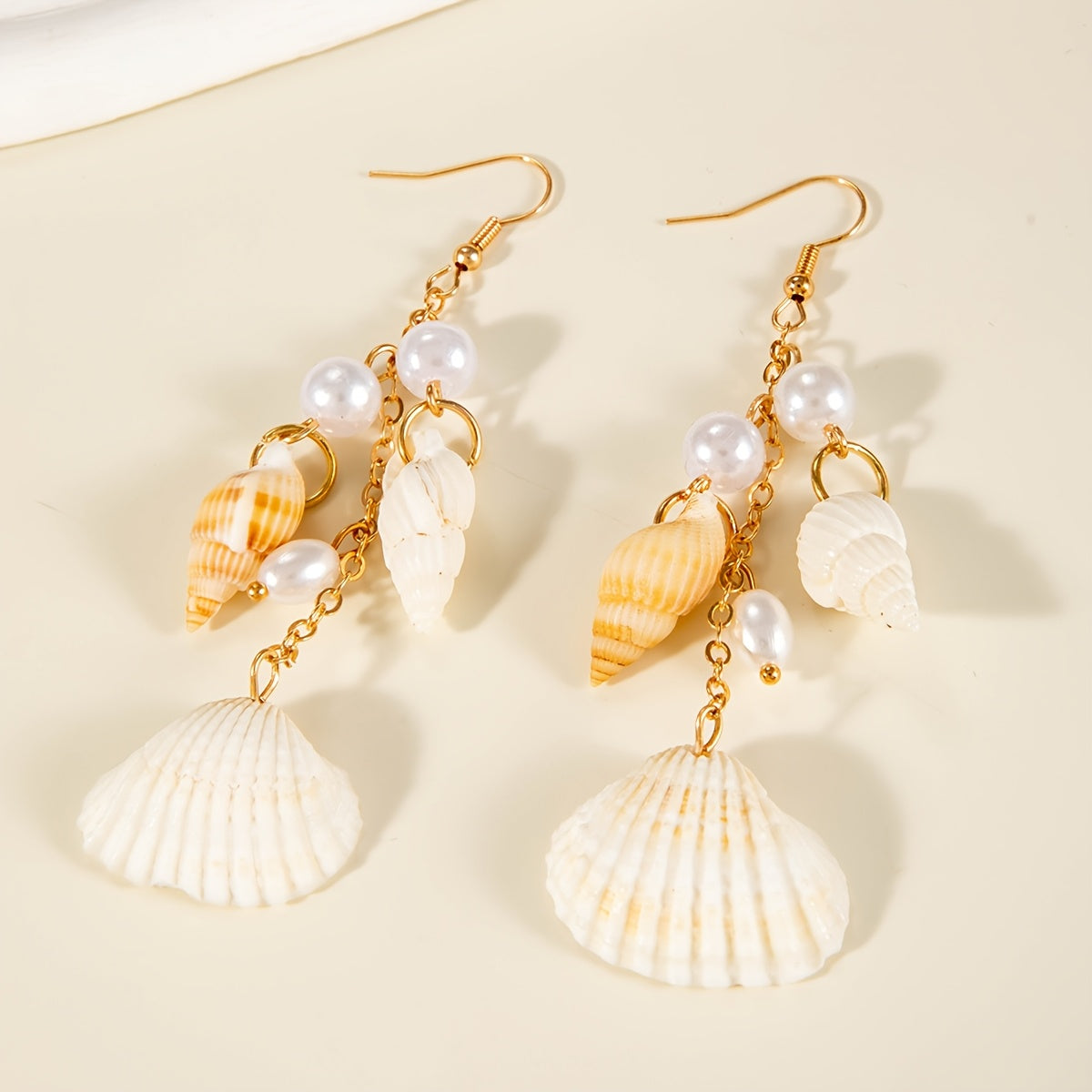 Bohemian Gold Seashell and Pearl Drop Earrings