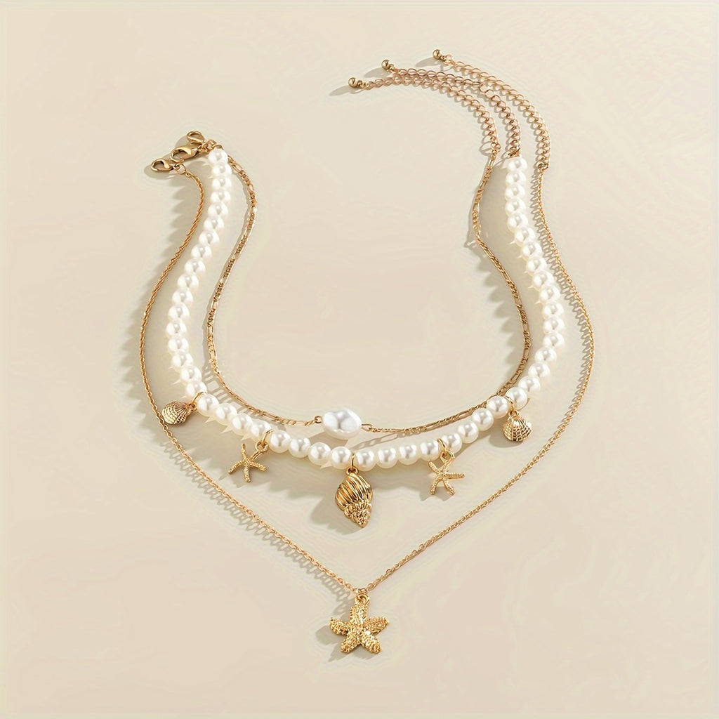 Bohemian Layered Pearl Necklace with Starfish & Shells