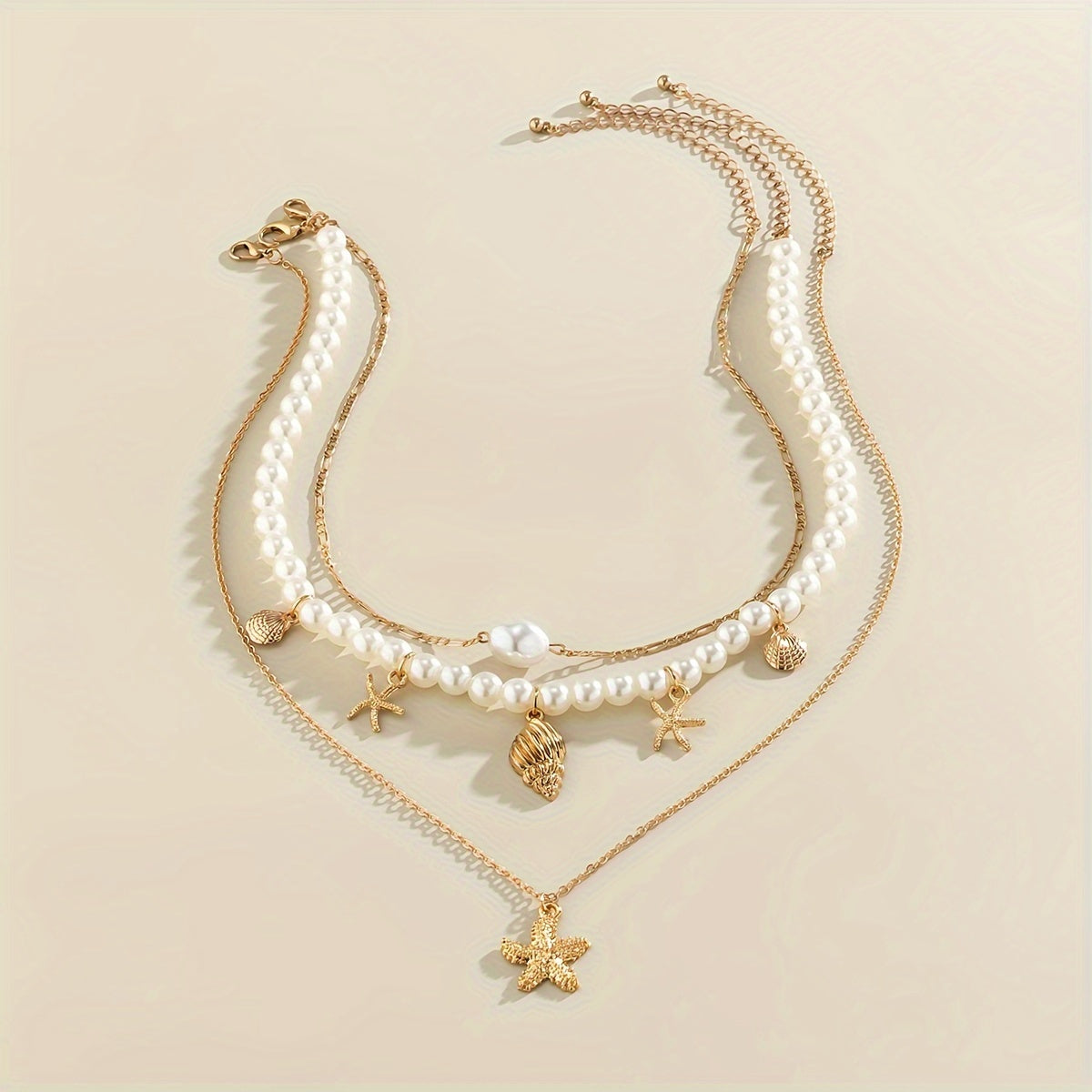 Bohemian Layered Pearl Necklace with Starfish & Shells
