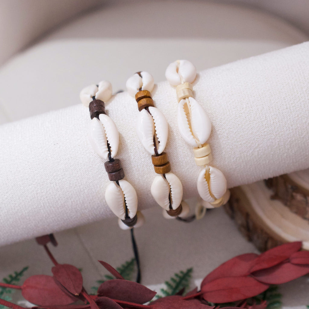 Adjustable Cowrie Shell Bracelets with Wood Beads