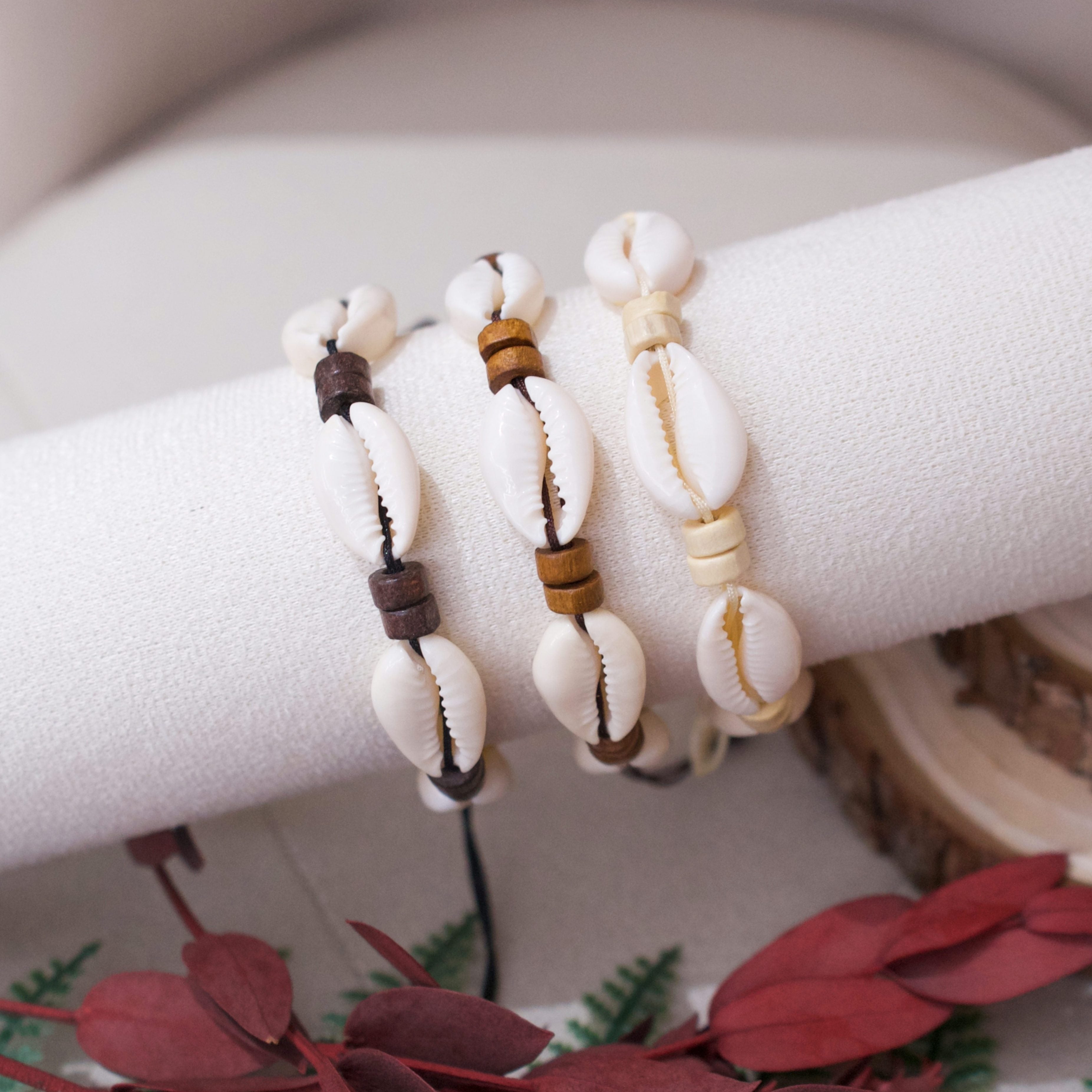 Adjustable Cowrie Shell Bracelets with Wood Beads