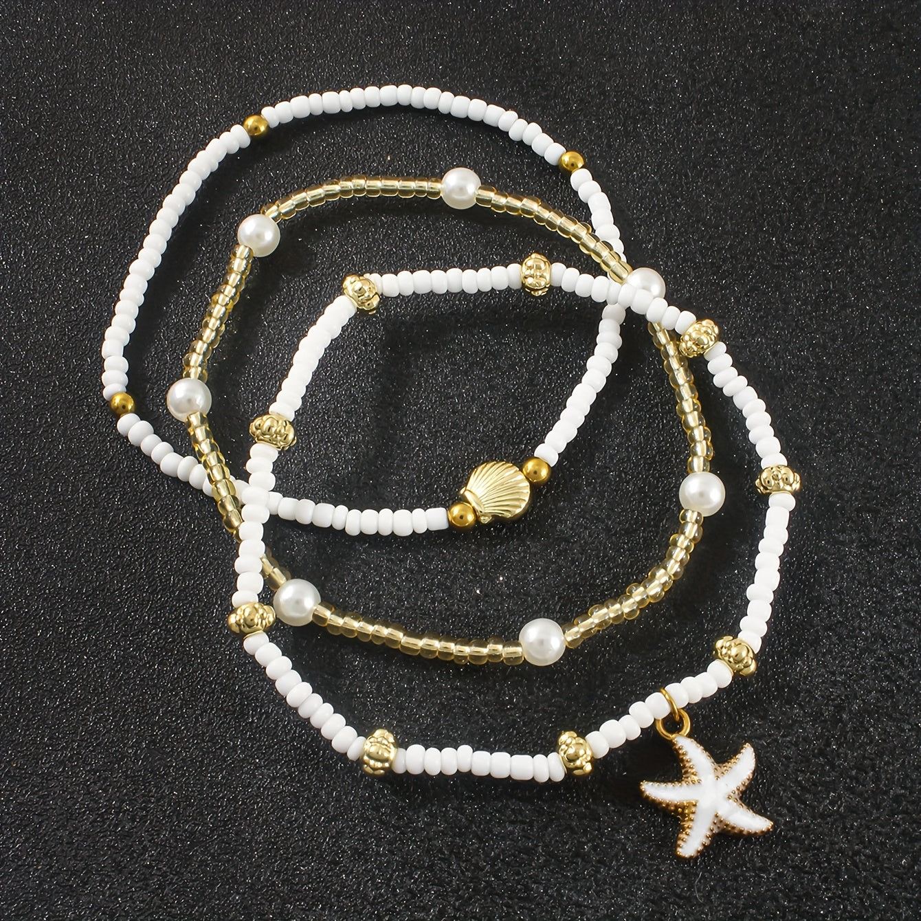 Boho White & Gold Layered Anklet with Starfish