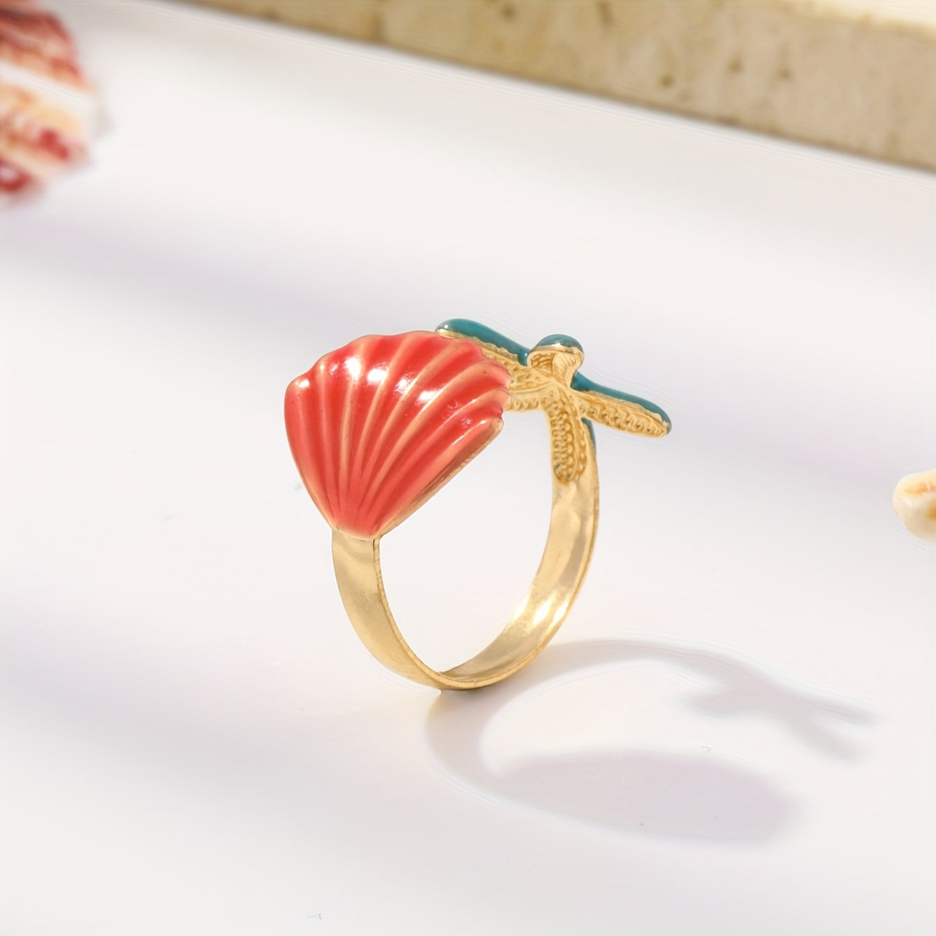 Enamel Starfish and Shell Adjustable Ring