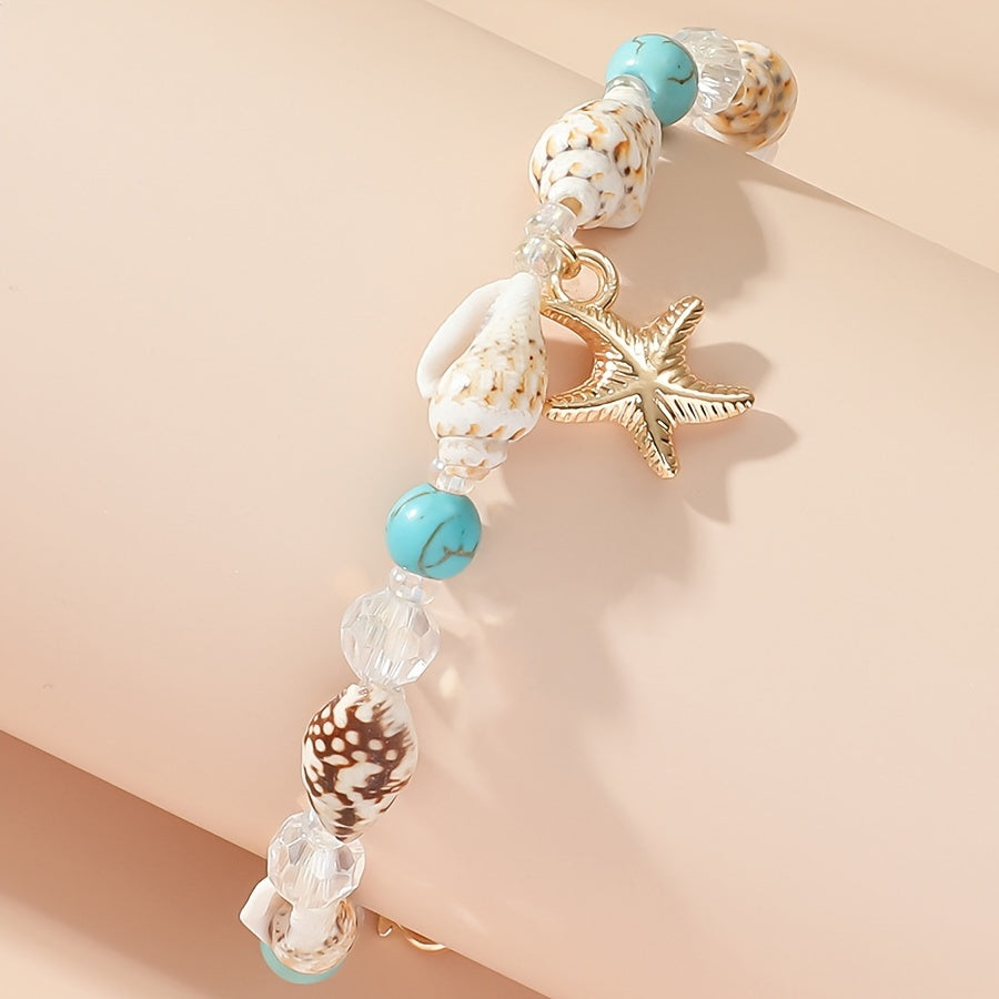 Coastal Shell & Turquoise Beaded Bracelet with Starfish Charm