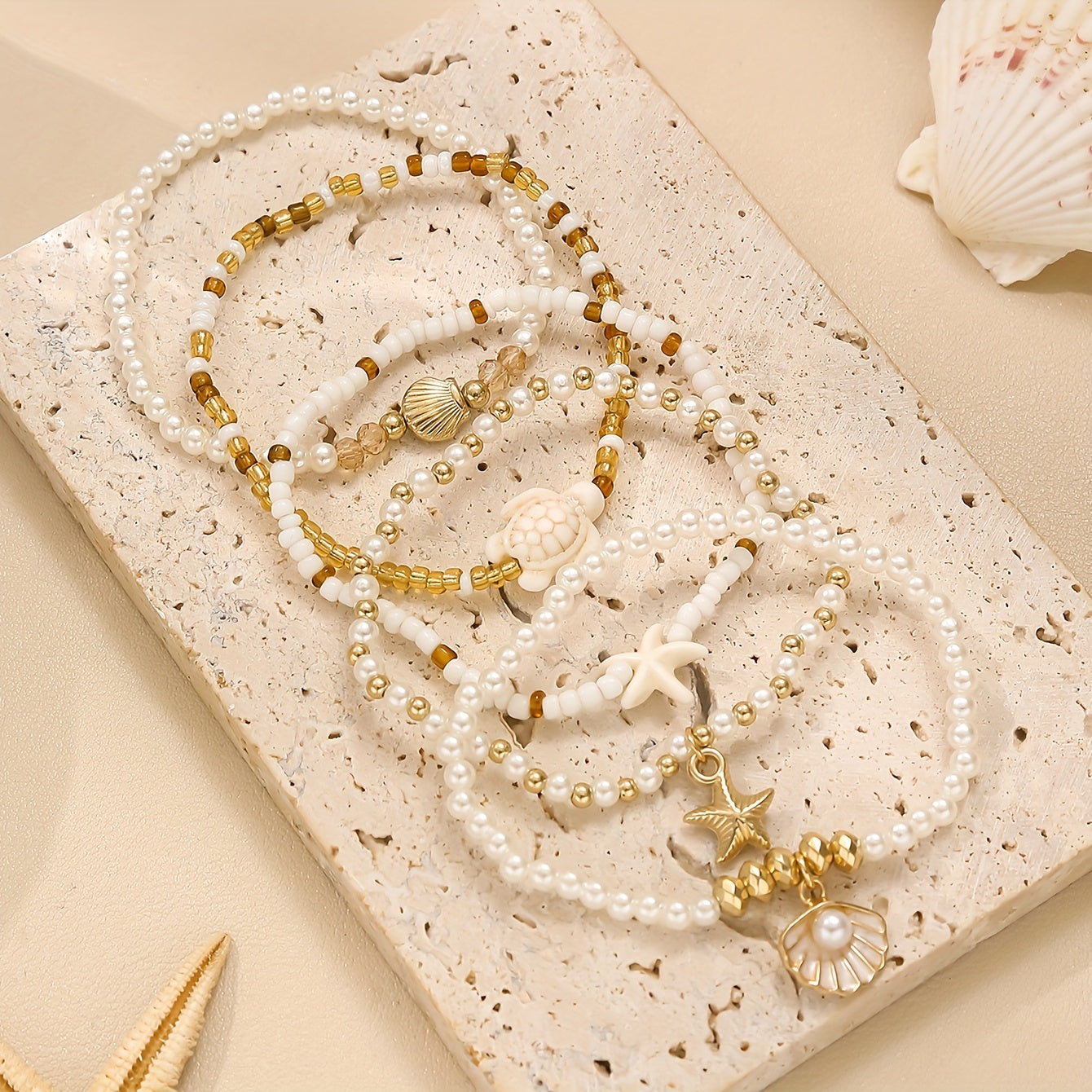 Bohemian White & Gold Layered Sea Charm Bracelets