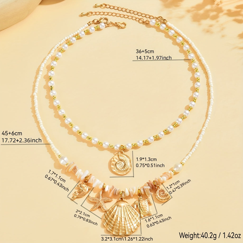 Bohemian Gold Shell Charm Pearl Layered Necklace