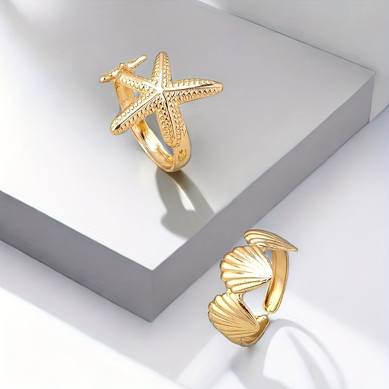 Gold-Tone Starfish & Seashell Ring Set