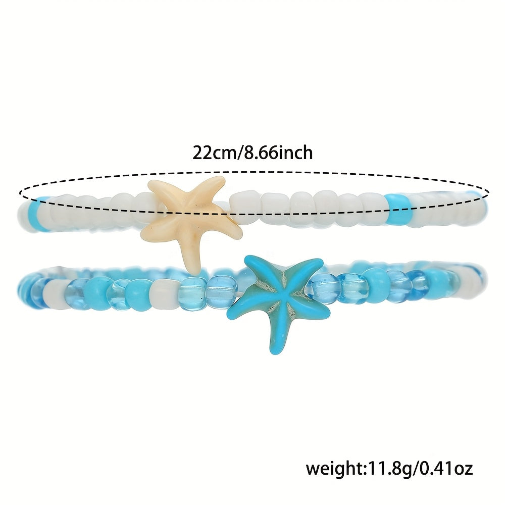 Bohemian Beaded Starfish Anklet, Blue & White