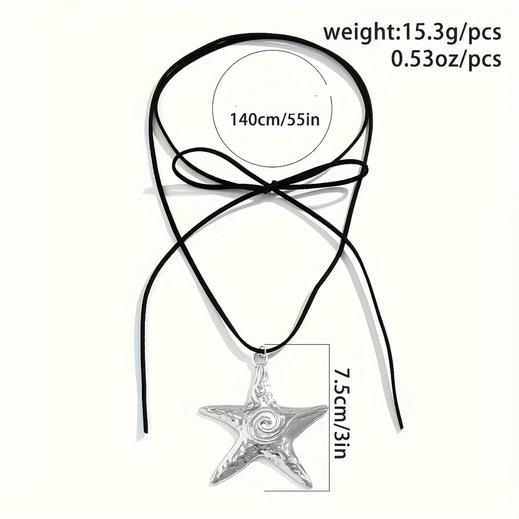 Bohemian Silver Starfish Lariat Necklace with Black Cord