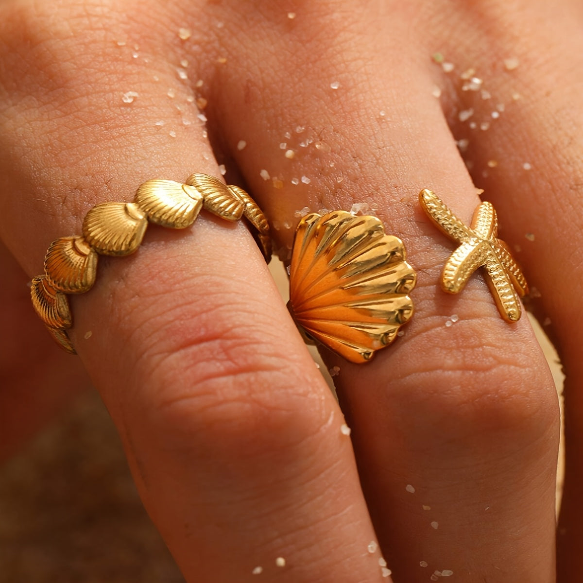 Adjustable Gold-Tone Sea Shell Starfish Rings