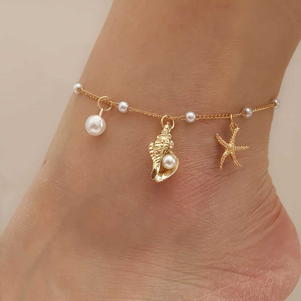 Beachy Gold Tone Anklet with Starfish & Pearl Charms