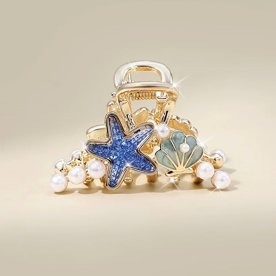 Beachy Gold-Tone Claw Clip with Starfish, Shell & Pearls