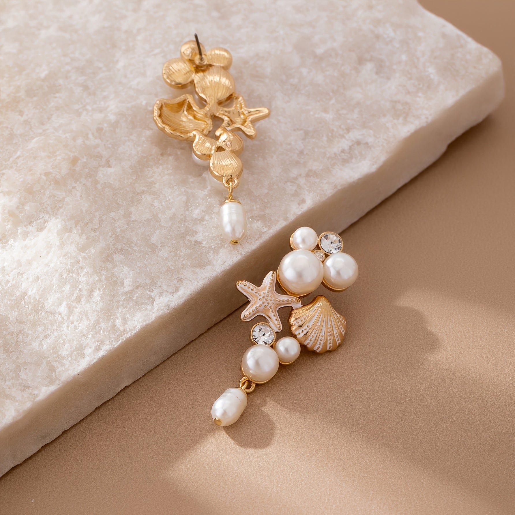 Gold-Tone Seashell Starfish Pearl Drop Earrings