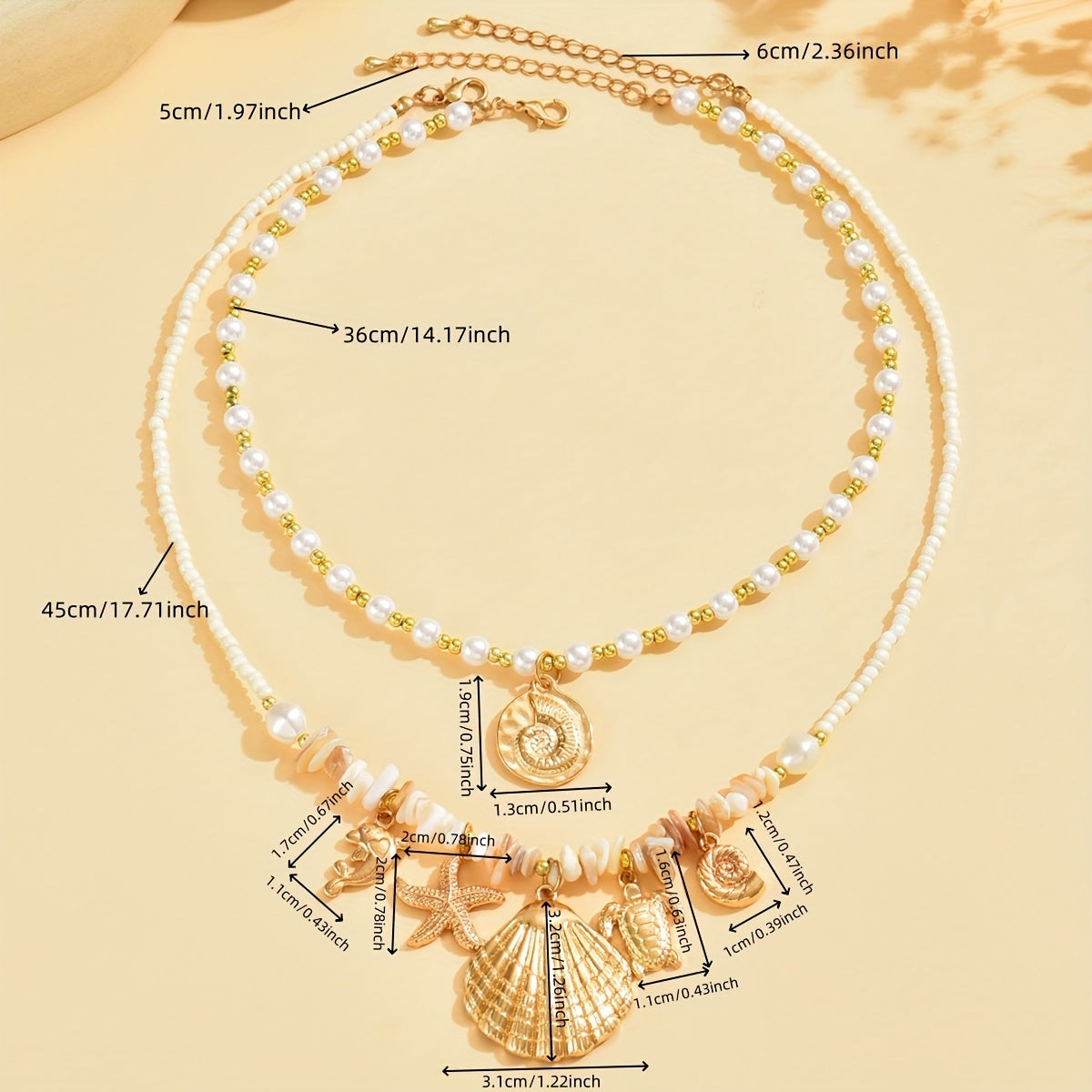 Bohemian Layered Pearl Necklace with Gold Sea Charms