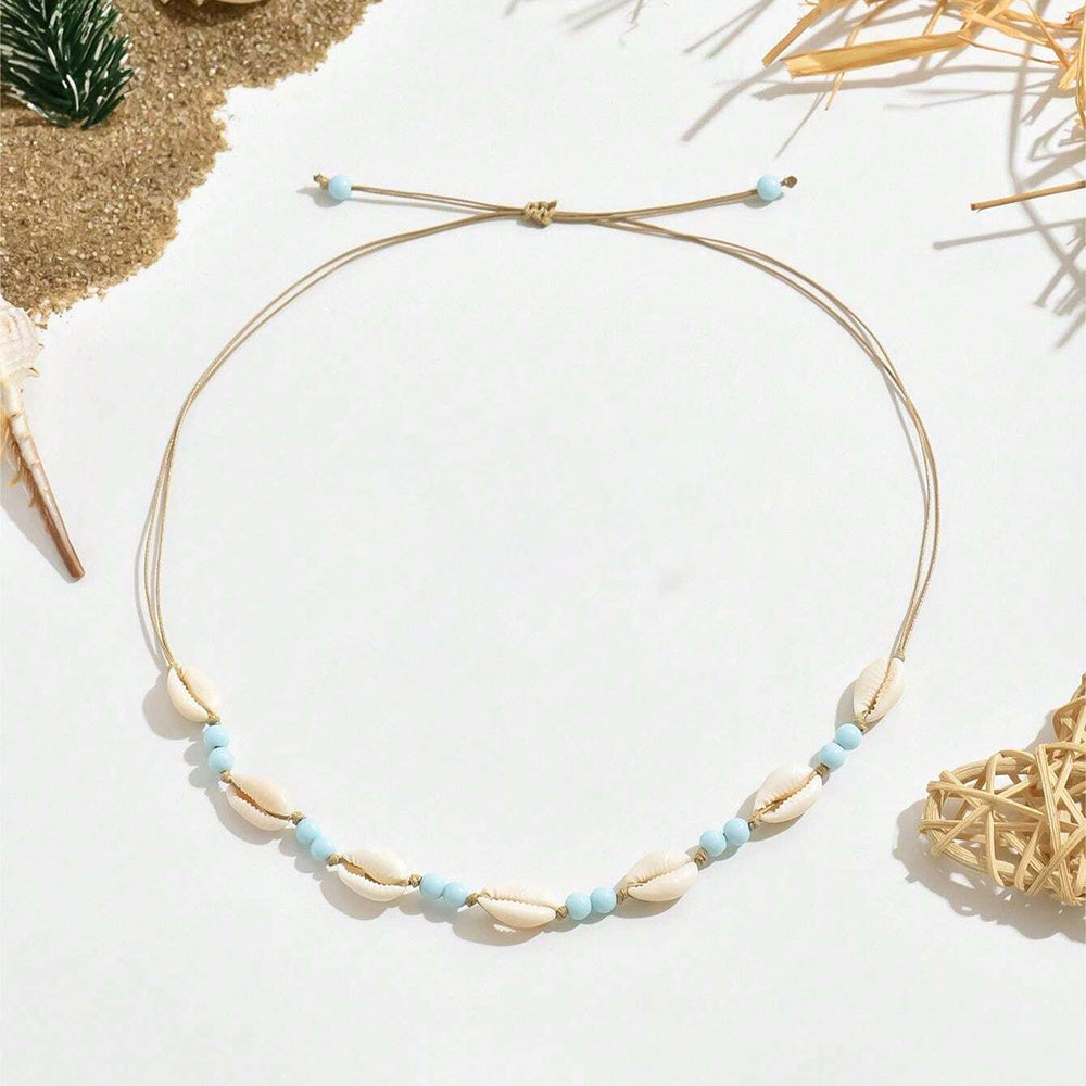 Beachy Cowrie Shell Choker with Blue Beads