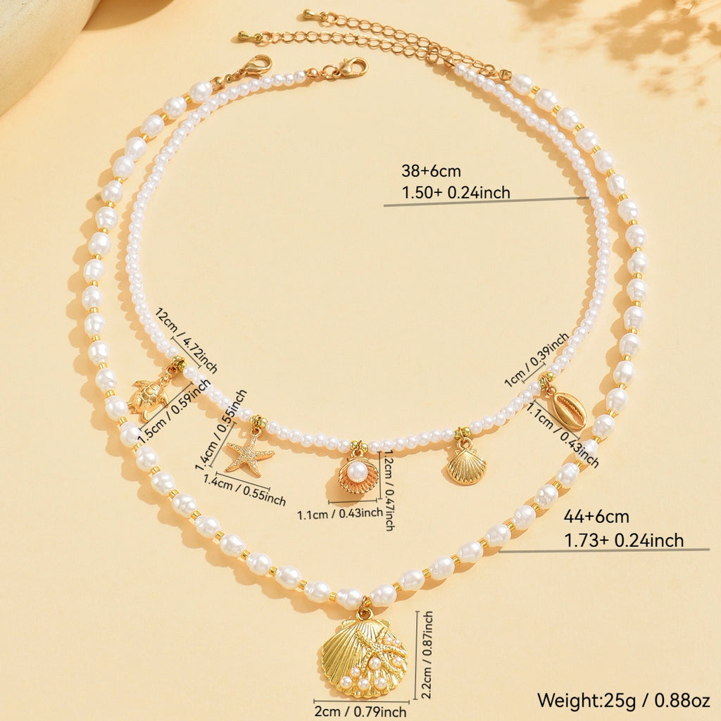 Bohemian Layered Pearl Necklace with Gold Ocean Charms