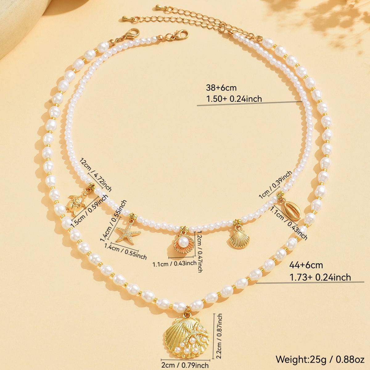 Bohemian Layered Pearl Necklace with Gold Ocean Charms