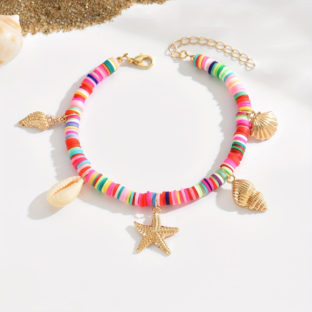 Bohemian Heishi Anklet with Shell and Starfish Charms